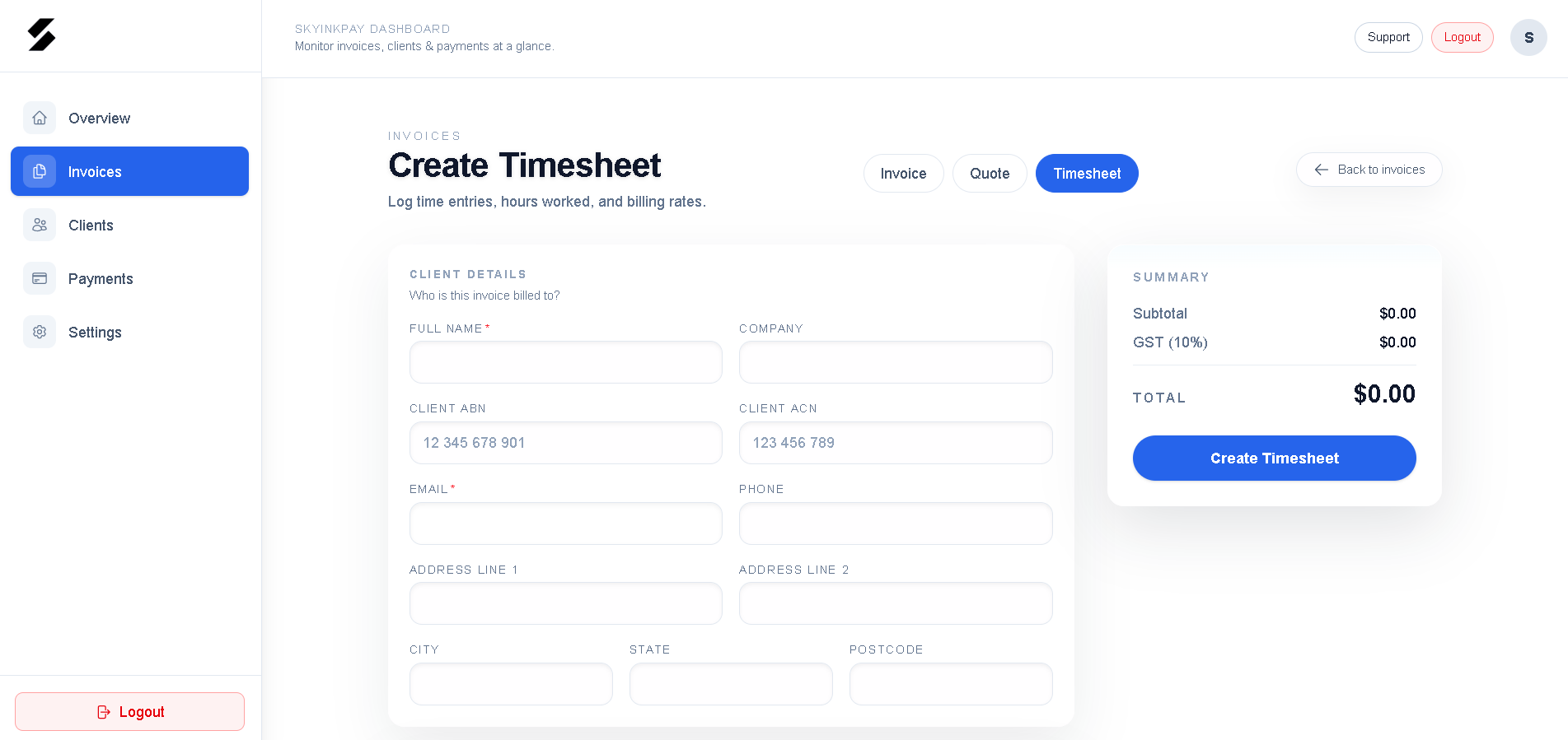 SkyinkPay Timesheet Dashboard